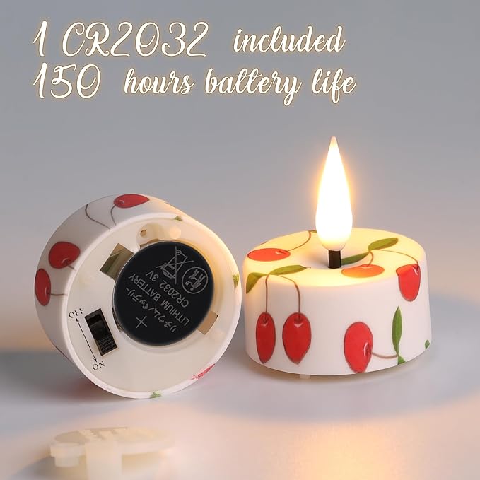 Eywamage Cherry Flameless Tealights with Remote Batteries, Flickering Plastic LED Tea Votive Candles Set of 12