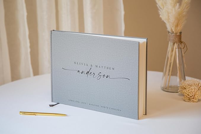 Personalized Guest Book - 11.5" x 8.5" Custom Bride & Groom Names with Bookmark and Hard Cover 140 GSM Blank Pages, for Weddings Guest Book, Engagements, Birthdays, Special Events, Gray