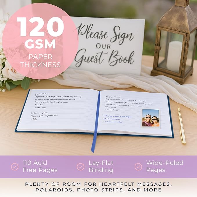 Promot Personalized Guestbook for Party (Sapphire Blue) - 110 Lined Pages in Wood-Free Vegan Leather Hard Cover - Wedding Guest Book Sign in and Photos, Baby Shower, Birthday or Graduation