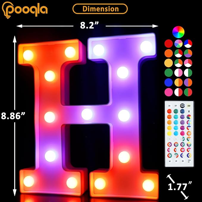 Pooqla Colorful Light Up Letters with Remote, Upgraded 35 Colors LED Marquee Letters, RGB Lighted Letter for Girls Teenager Gift, Birthday, Party, Wedding, Night Light, Room, Bedroom Decor, Letter H