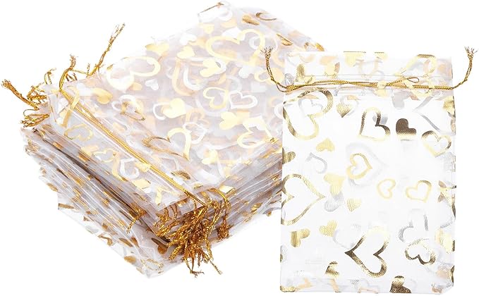 PATIKIL 100 Pcs 4x6 Inch Heart Printed Organza Bags, Gold Silver Sheer Heart Organza Bags with Drawstring for Christmas Candy Jewelry Party Wedding Favor Gift