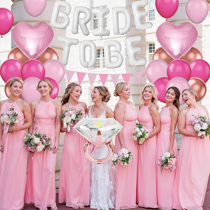 Pink White Bachelorette Party Decorations, White Bride To Be Bridal Shower Balloons Decorations, Hot Pink Rose Gold Balloons with Diamond Ring Cream Heart Balloons for Bachelorette Engagement Wedding