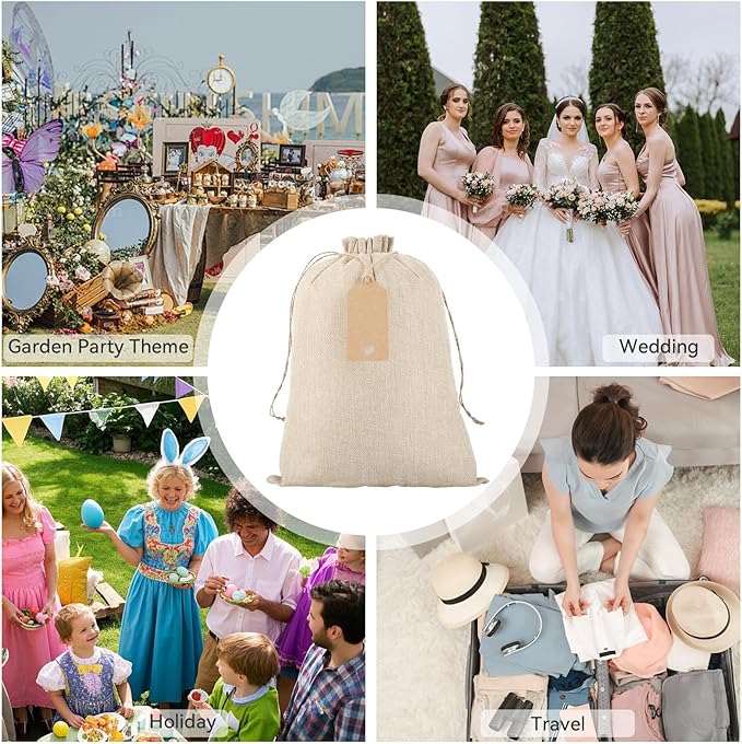 Tapleap Burlap Gift Bags with Drawstring - 10Pcs 10x14 Original Sacks with String and Tags for Wrapping Halloween Favors, Clothes, Toiletries, Breads, For Birthday, Wedding or Household Use