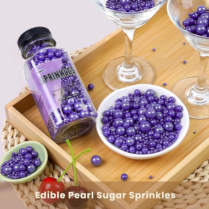 Edible Purple Pearl Sprinkles, Pearl Sugar Sprinkles, Edible Pearls for Cake Decorating, Cupcake Toppers, 180g/6.35oz, Mix Size, Cookie Decoration, Wedding Party Halloween Supplies