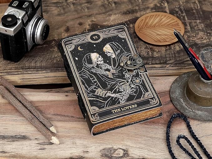 C CUERO Book of Spells Leather Journal Deckle Edge Paper Grimoire Printed Journal The Lovers Tarot Notebook Spiral Gothic Notebook Skull lover Antique Vintage Leather Journals for Men and Womens 10