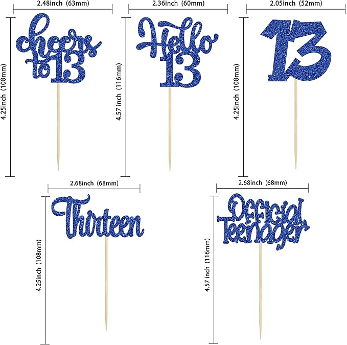30Pcs 13th Birthday Cupcake Toppers Hello 13 Cupcake Picks Official Teenager Cheers to 13 Years Old Cake Decorations for 13th Birthday Anniversary Party Supplies Deep Blue Glitter