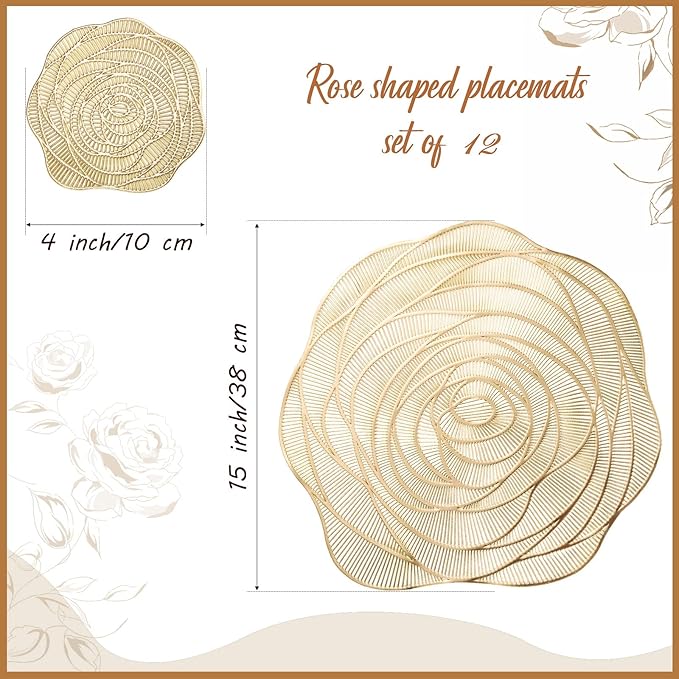Sieral 12 Set 15 Inch Round Pressed Vinyl Placemats Hollow Out Rose Placemat Set Metallic Slip Resistant Place Mat Coaster Including Place Mats and Coasters for Wedding Dining Kitchen (Gold)