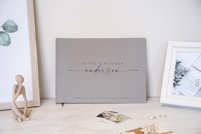 Personalized Guest Book - 11.5" x 8.5" Custom Bride & Groom Names with Bookmark and Hard Cover 140 GSM Blank Pages, for Weddings Guest Book, Engagements, Birthdays, Special Events, Gray