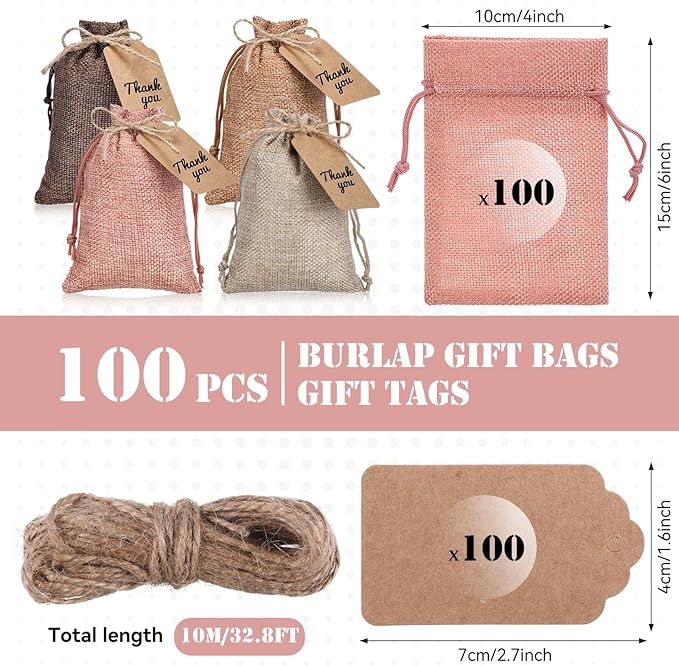 Woanger 100 Pcs Burlap Gift Bags with 100 Pcs Kraft Paper Gift Tags Drawstring Favor Bulk Burlap Sack Bags for DIY Wedding Party Craft(4 x 6 Inch,Beige, Medium Brown, Dark Brown, Gray Pink)