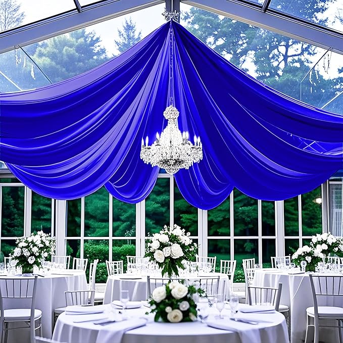FUHSY Royal Blue Ceiling Drapes for Wedding Arch Draping Fabric Chiffon Wedding Drapery 4 Panels 5x20FT Sheer Curtains Drapes Tulle Backdrop for Reception Party Ceiling Decorations Arch Drapes Wedding