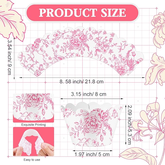 Domensi 100 Pcs Pink Floral Cupcake Wrappers Rustic Cupcake Liners Pink Baking Cups Flower Baking Liners for Wedding Bridal Baby Shower Birthday Party Supplies Dessert Decoration