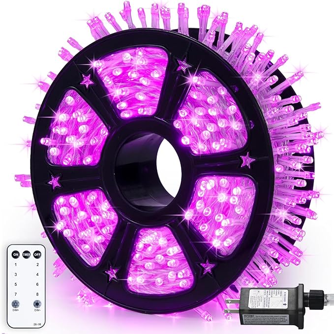 JMEXSUSS 500 LED Pink Room Lights, 8 Modes 163ft Waterproof Pink Christmas Lights Outdoor Plug in with Remote Control, Clear Wire String Light for Tree Outside Yard Wedding
