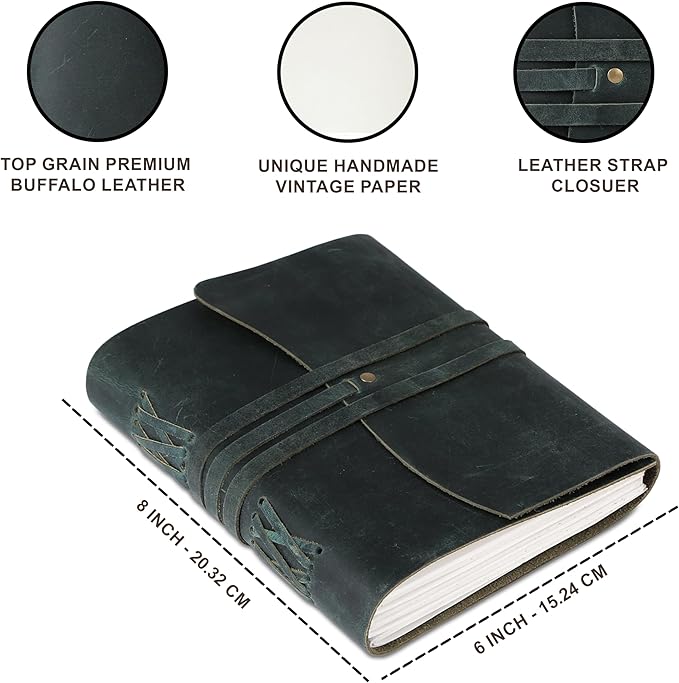 Handmade Leather Journal 8x6 Inch | Blue Vintage Notebook with Unlined Pages | Antique Travel Diary, Writing Sketchbook for Men & Women
