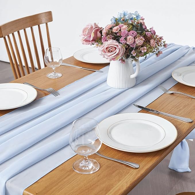 2 Pack 10Ft Baby Blue Chiffon Table Runner Sheer 29x120 Inch for Romantic Wedding Decor Bridal & Baby Shower Birthday Rustic Party Decoration