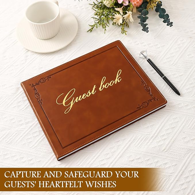 8x10 Leather Guest Book and Standup Sign Set, Gold Foiled Cover Registry Book for Wedding Reception, Retirement Party, Vacation Homes and Events, 120 Sheets (Brown)