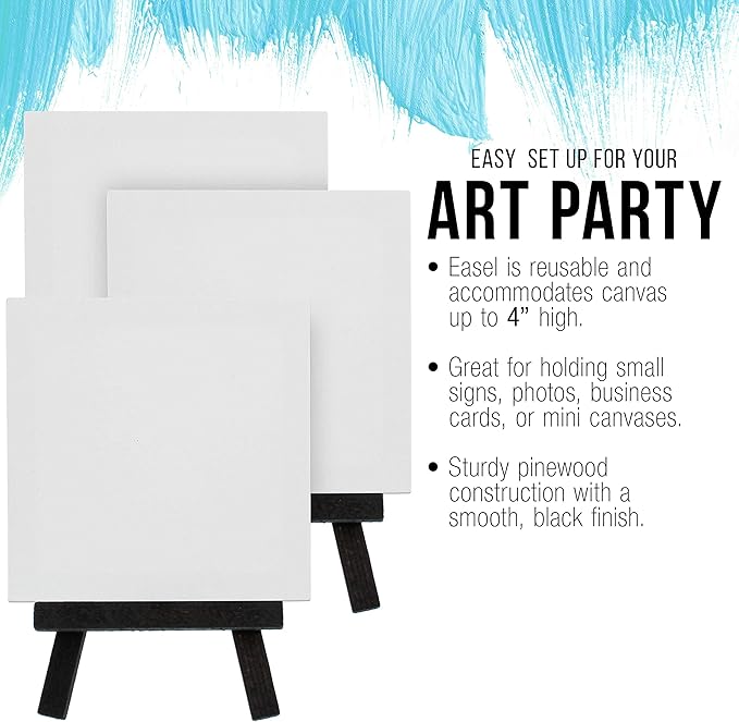 U.S. Art Supply 3" x 3" Stretched Canvas with 5" Mini Easel Kit (12 Pack) - Black Wooden A-Frame Tabletop Display Stand, Mini Easel Stand - Small Easels for Display, Small Canvases, Crafts, Photos