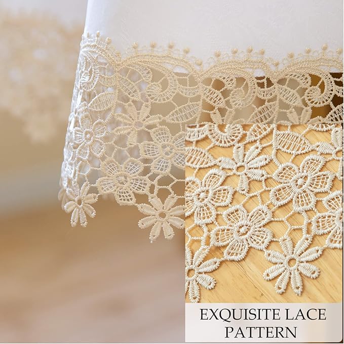 Beige lace Premium Round Farmhouse Tablecloth Waterproof OilProof SpillProof AntiShrink Soft Wrinkle Resistant Decorative Fabric Table Cover Kitchen Dinning Party Wedding Banquet