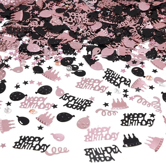Rose Gold and Black Happy Birthday Confetti, 3000 Pcs Birthday Cake Table Metallic Foil Confetti Party Table Decor for Party, Baby Shower, DIY Arts and Crafting