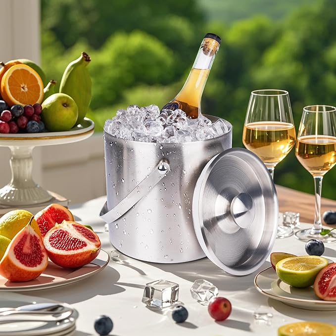 DREAMYO 3L Double Wall Insulated Stainless Steel Ice Bucket with scoop for Cocktail Bar,Metal Ice Bucket for freezer with Lid for parties.ice Container,bar cart accessories(Silver)