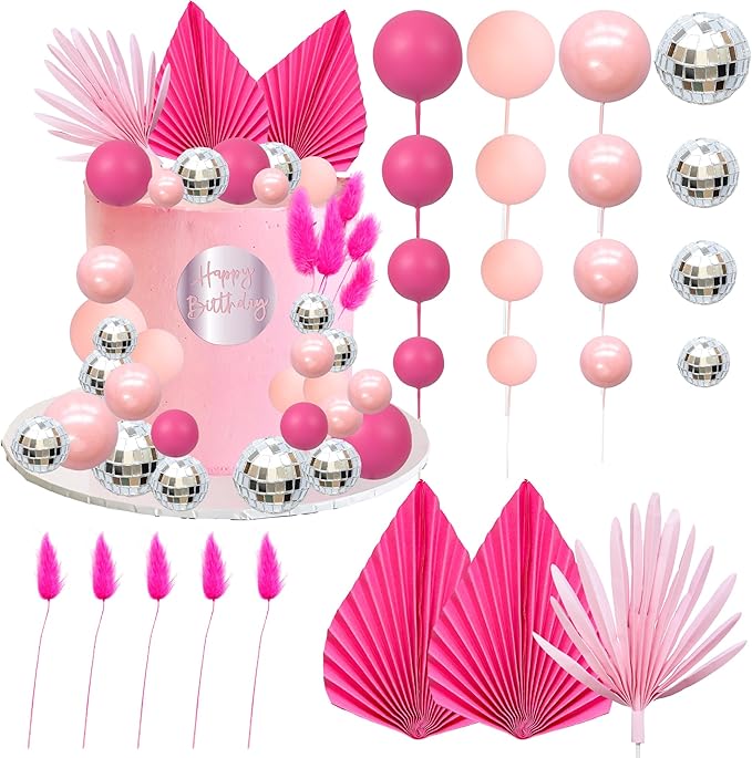 Ephlyn 33 Pack Balls Cake Toppers Boho Palm Leaves Cake Decorations Round Acrylic Happy Birthday Cupcake Toppers for Birthday Wedding Baby Shower Party Supplies Silver Rose Red
