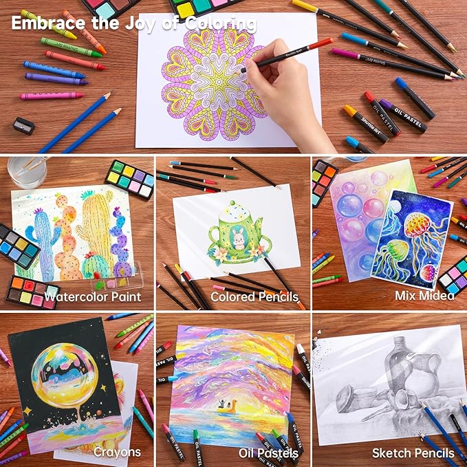 Shuttle Art 106 Piece Deluxe Art Set, Art Supplies in Wooden Case, Painting Drawing Art Kit with Crayons Colored Pencils Oil Pastels Watercolor Cakes Coloring Book Sketch Pad for Kids Adults