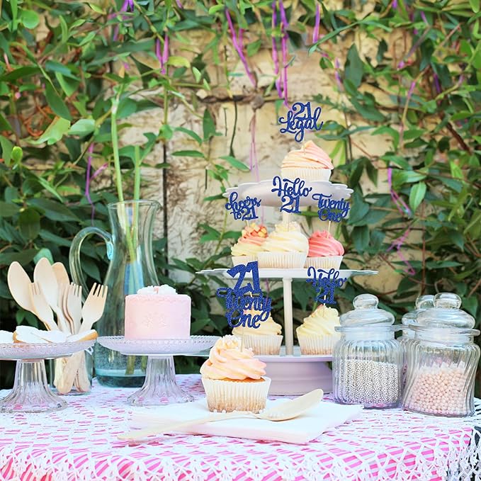 30pcs 21st Birthday Cupcake Toppers - Legal 21st Cupcake Picks - Cheers to 21 Years Old Cake Decorations - Deep Blue Glitter
