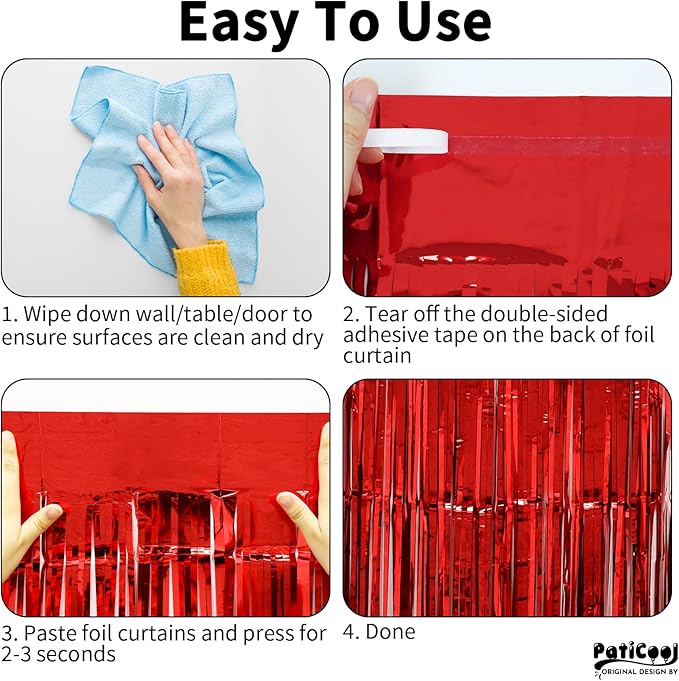 Christmas Decorations Red Streamers - Thicken 2 Pack 3.2 x 8.2 FT - Red Tinsel Foil Fringe Curtains Party Backdrop for Birthday, Casino, Carnival, Cherry, Hollywood Red Carpet Party Decorations