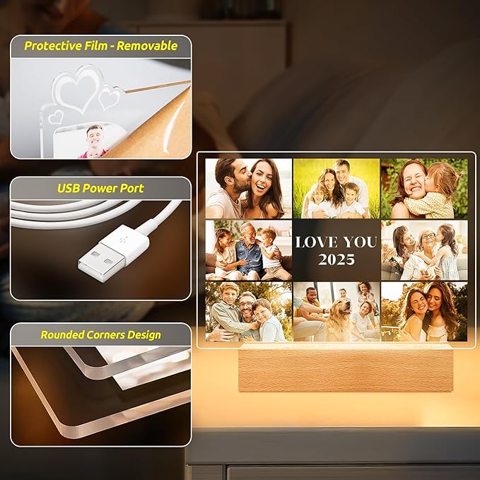 Custom Picture Frames with Photos, Personalized Photo Frame with Night Light, Customized Picture Frame, Personalized Birthday Photo Gifts for Women Men Mom Dad Grandma Grandpa Baby Kid Family Friends