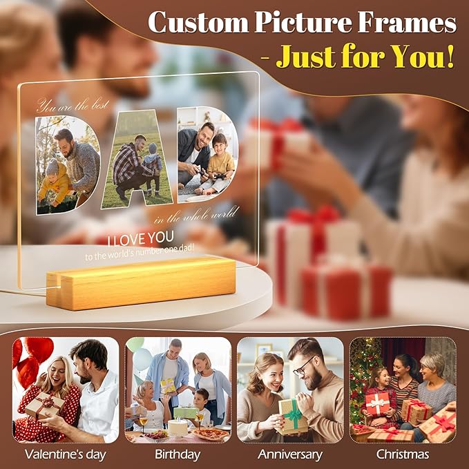 Personalized Gifts for Dad from Daughter & Son, Custom DAD Picture Frames with Photo, Customized Photo Frame with Night Light, Custom Birthday Gifts for Dad, Baby, Kids, Family
