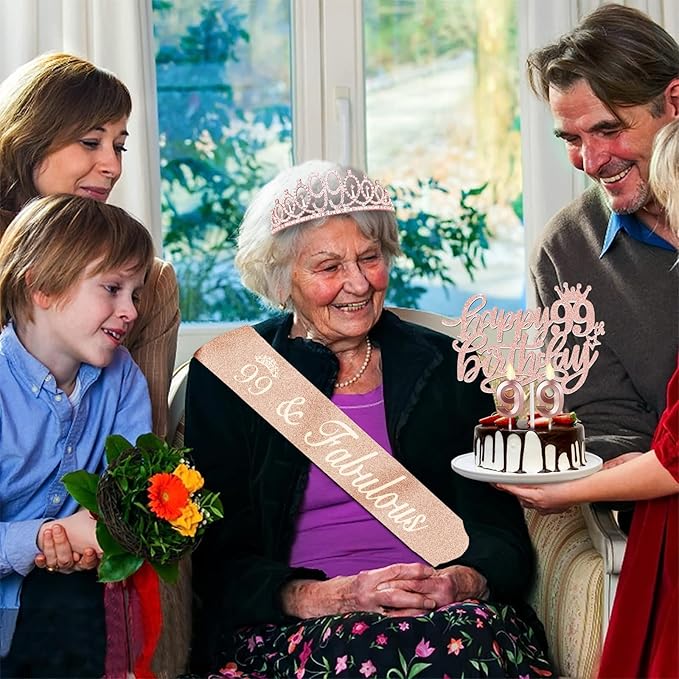 99th Birthday Decorations for Women Including Birthday Sash and Tiara, Candles and Cake Topper, Gifts for 99 Year Old Woman, Rose Gold Party Decor Supplies