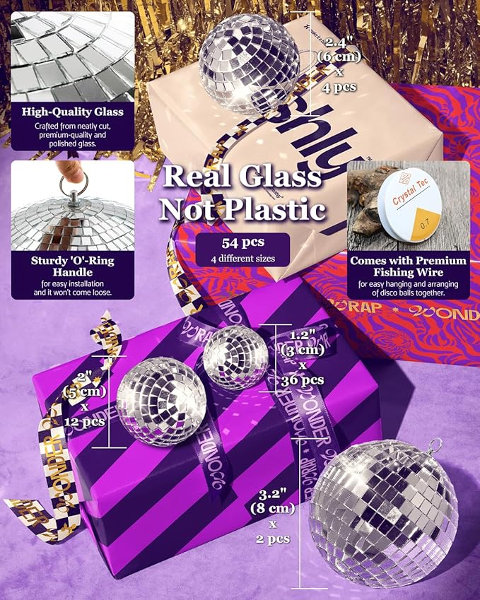 54PCS Mirror Disco Balls Set with 10m Fishing Line – Assorted Sizes Hanging Mini Silver Balls for Party, Wedding, Cake Toppers, Room & Classroom Decor