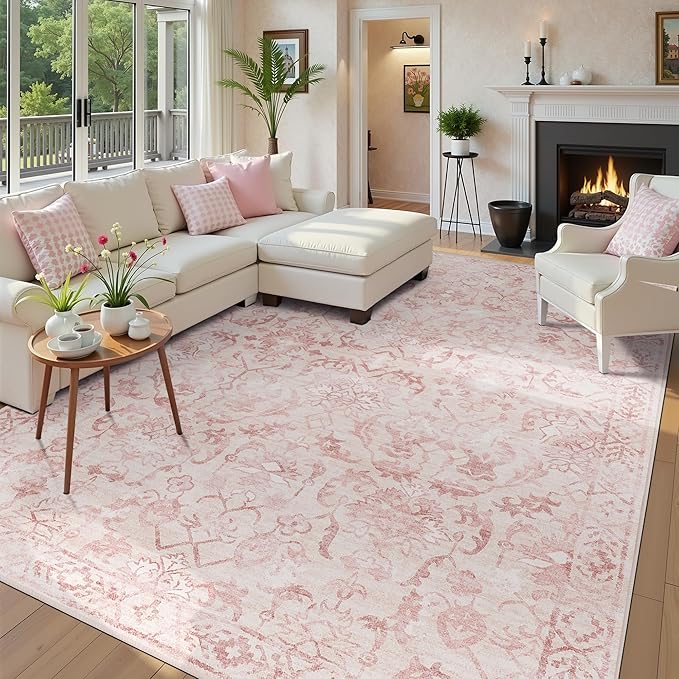 Pink Area Rugs 7x9 for Living Room, Washable Vintage Rugs for Bedroom, Distressed Throw Rug, Non Slip Rug Carpet for Bedroom Dining