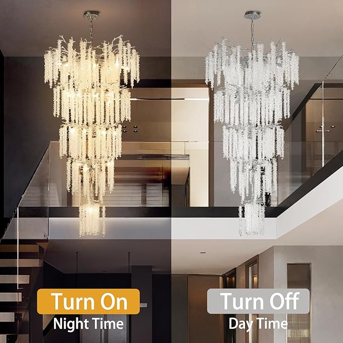 YUYI 118'' Modern Crystal Chandelier, Silver Chandelier for Entryway, Large Tree Branch Chandeliers for High Ceilings, Staircase, Foyer, Living Room, 28-Light 5-Tier Hanging Light Fixture