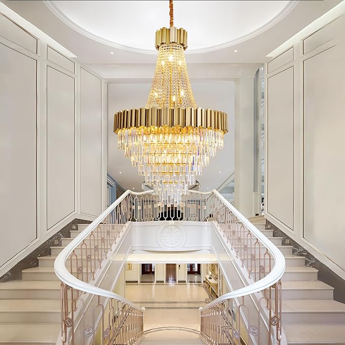 54" Luxury Long Crystal Chandelier for High Ceilings, 21-Light Modern Gold Large Chandeliers for Staircase, Foyer, Entryway, Living Room, Hallway, Contemporary K9 Crystal Tiered Chandelier