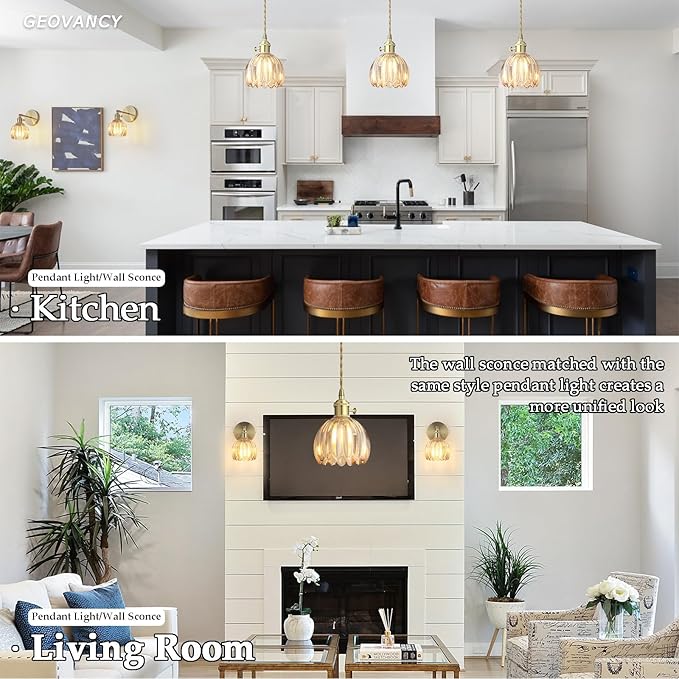 Vintage Gold Pendant Light, Pendant Light Fixtures with 70 Inch Cord and Amber Tulip Glass Lampshade, Ideal for Kitchen Island, Dining Room, Bedroom, Living Room & Entryway (Hardwired)