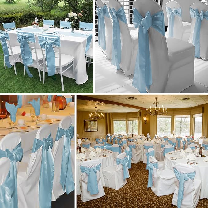 fani 60 PCS Baby Blue Satin Chair Sashes Bows Universal Chair Cover for Wedding Reception Restaurant Event Decoration Banquet,Party,Hotel Event Decorations (7 x 108 inch)
