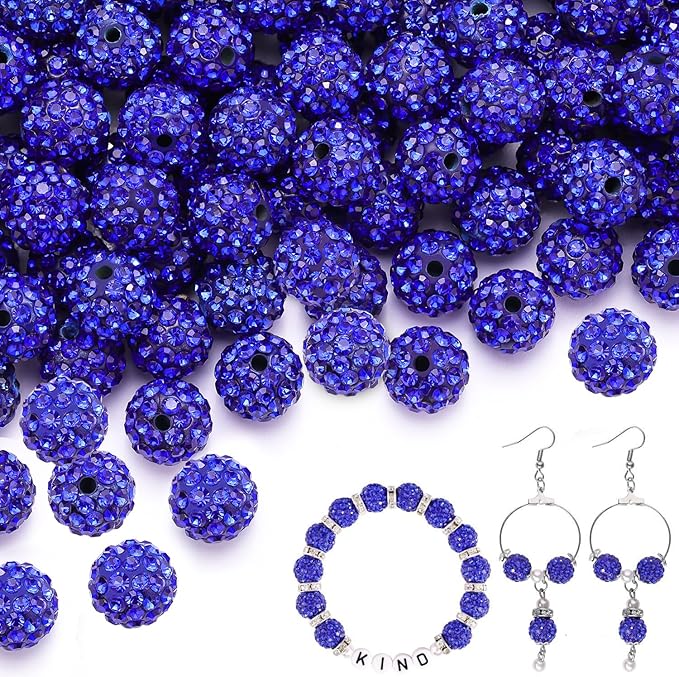 150 pcs 10mm Rhinestone Beads for Jewelry Making, Dark Blue Shiny Round Shamballa Disco Beads Bulk, Sparkle Crystal Clay Christmas for Bracelet Baseball Necklace Earring Crafting and DIY