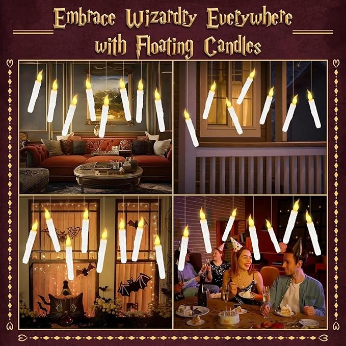 Halloween Decorations, Floating Candles with Magic Wand & 6H Timer Function,12 PCS Hanging Battery Operated Flickering Flameless Candles for Halloween Decor, Chrismas Party, Birthday, Wedding, Church