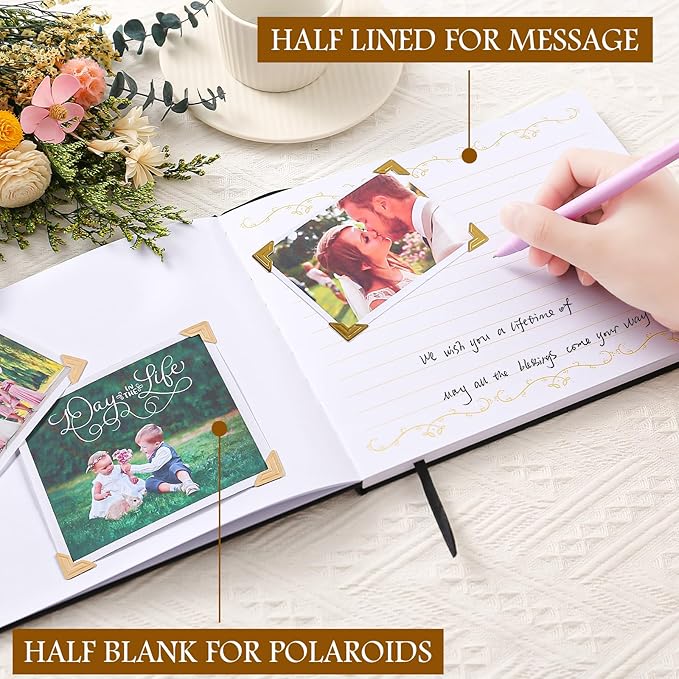 8x10 Leather Guest Book and Standup Sign Set, Gold Foiled Cover Registry Book for Wedding Reception, Retirement Party, Vacation Homes and Events, 120 Pages (Black)