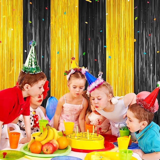 Black and Gold Party Streamers Decoration, 2Pack Graduation Tinsel Backdrop Party Decorations, Foil Fringe Backdrop for 2025 NYE/Anniversary/Farewell/Cocktail/Prom/EID/Birthdays Xmas Wedding Decors