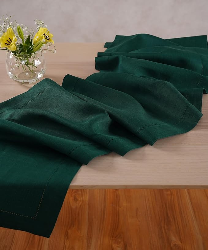 100% Pure Linen Green Table Runner 14 x 36 Inch - Small Hemstitch Christmas Table Runner - Cloth Fabric Runner for Thanksgiving, Winter, New Year - Elara