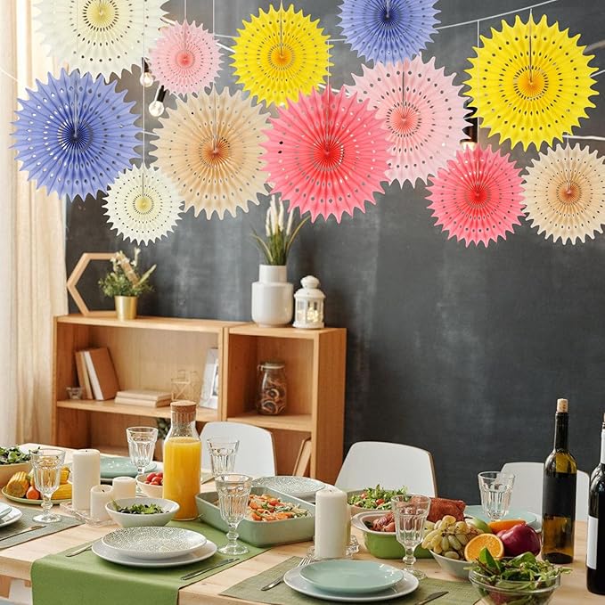 BestoFun 12PCS Paper Fans Light Color Party Decorations Tissue Paper Flowers Decorations for Girl Groovy Birthday Baby Shower Wedding Bachelorette Room Wall Hanging Décor