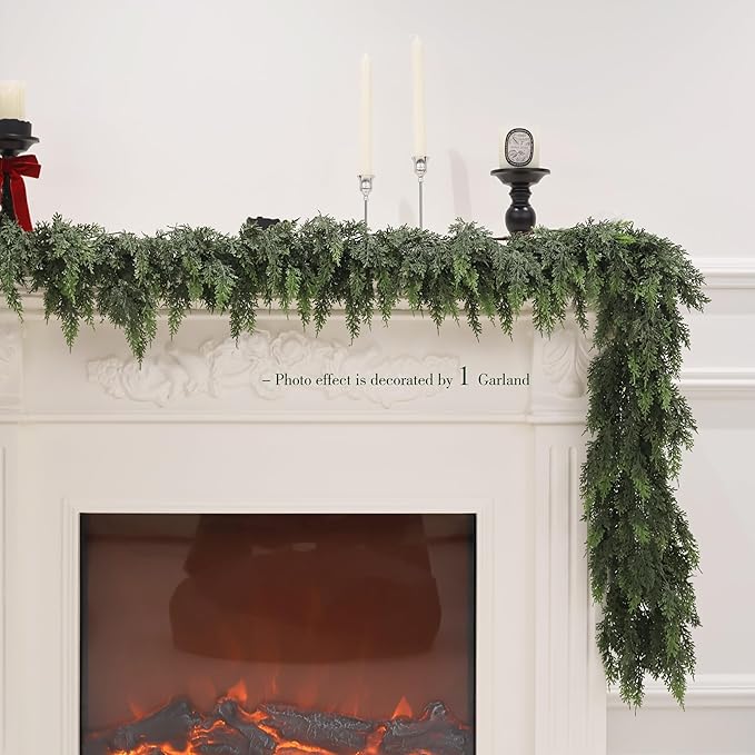 2Pcs 9FT Christmas Cedar Garland Artificial Real Touch Thickness Realistic Greenery Pine Garland for Mantle Fireplace Outdoor Indoor Christmas Decorations