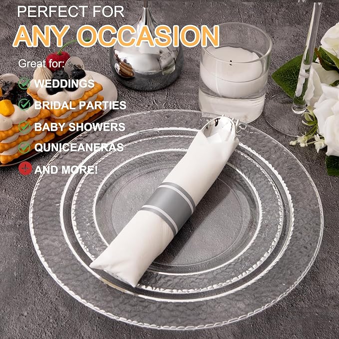 400PCS Pre Rolled Silver Plastic Silverware Sets - Heavy Duty Hammered Silver Cutlery - Include 100 Pack Wrapped Disposable Utensils with Napkins for Parties & Dinners & Weddings