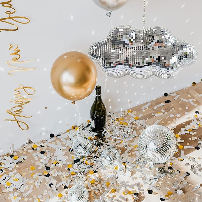 Disco Ball Cloud Shaped, Cute Hanging Party Mirror Decor with Chain, Retro Light Reflective Ball for Party Home Decor, Disco Mirror Ornaments, Silver, Design Patent