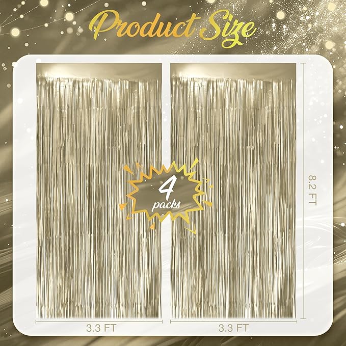 4 Pack Metallic Champagne Gold Fringe Backdrop, 3.2x8.2ft Shining Foil Tinsel Curtains, Birthday Party Decorations Door Streamers for Halloween, Christmas, Wedding, Graduation, Holiday, Theme Events
