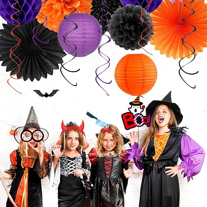 Black-Purple Orange Happy-Halloween Party-Decorations - 21pcs Birthday Banner,Paper Lanterns Honeycomb,Tissue Pom Poms Flower Fan,Kids Classroom Hanging Streamers Garland Decor Supplies Huglony