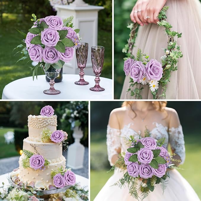 AmyHomie 25pcs Real Looking Artificial Lavender Roses w/Stem for DIY Wedding Bouquets Centerpieces Arrangements Party Baby Shower Home Decorations