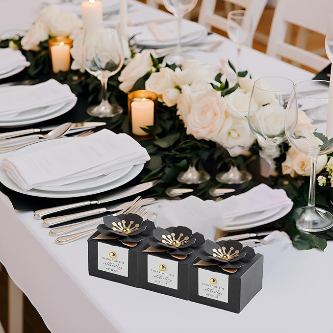 FEIYI 20 PCS Candy Boxes, 3 In 1 Black Favor Boxes with Floral Decor, White Thank You Tags Gift wrapping for Wedding Birthday Baby Shower Decorations Party -2.55x2.55x1.77''
