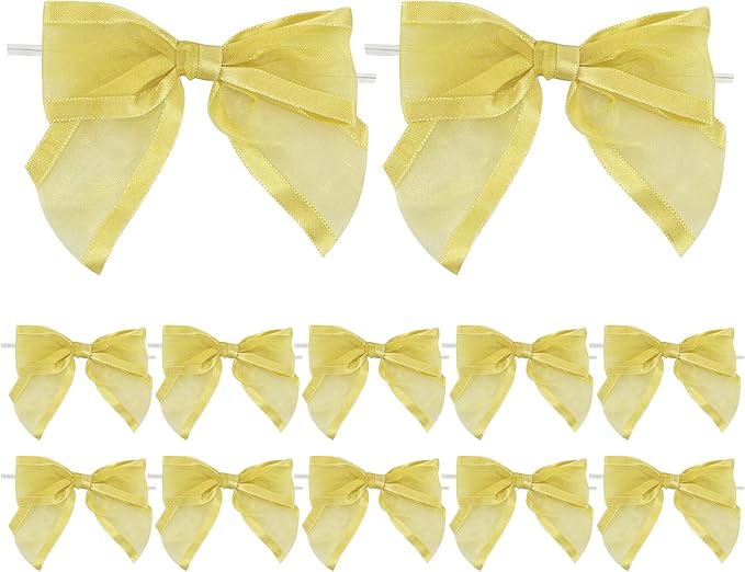 AIMUDI Gold Bows for Treats 4" Organza Bows Premade Twist Ties Bows for Gift Wrapping Crafts Treat Bags Baskets Cake Pop Baby Shower Birthday Wedding Christmas Decor - 12 Counts